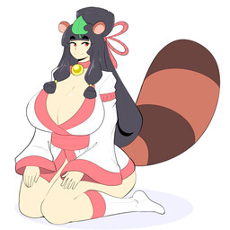 5_fingers asian_clothing big_breasts black_hair breasts cleavage closed_smile clothed clothed_female clothed_humanoid clothing east_asian_clothing eyebrow_through_hair eyebrows eyelashes female fingers footwear hair half-closed_eyes huge_breasts japanese_clothing kimono kneeling leaf leaf_on_head light_body light_skin long_hair markings mouth_closed narrowed_eyes red_eyes simple_background smile socks solo striped_markings striped_tail stripes tail tail_markings translucent translucent_hair white_background theycallhimcake animal_humanoid canid canid_humanoid canine canine_humanoid humanoid mammal mammal_humanoid tanuki_humanoid 2017 digital_drawing_(artwork) digital_media_(artwork) english_description full-length_portrait hi_res portrait