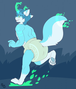 4_toes ambiguous_gender anthro big_diaper blue_body blue_claws blue_ear_tips blue_fur blue_hair blue_markings blue_nose blue_pawpads blue_tail claws clean_diaper clothed clothing diaper diaper_only dipstick_ears ear_markings feet fur glowing glowing_eyes hair leg_markings logo looking_back magic_user markings multicolored_body multicolored_ears multicolored_fur open_mouth open_smile pawpads plant runes running shrub simple_background smile socks_(marking) solo tail teeth three-quarter_view toe_claws toes topless two_tone_tail wearing_diaper white_body white_fur white_inner_ear white_tail bubblepuppers pagos_volkor canid canine canis fairy mammal wolf artist_logo full-length_portrait hi_res portrait