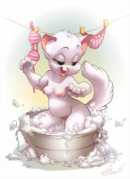 anthro areola barely_visible_genitalia barely_visible_vulva bath bathing breasts female fur genitals green_eyes navel nipples nude pink_areola pink_inner_ear pink_nipples pink_nose slightly_chubby solo suds vulva washtub white_body white_fur maryvirgin domestic_cat felid feline felis mammal 2015