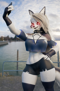 anthro big_breasts breasts cellphone clothing collar ear_piercing ear_ring electronics female fingerless_gloves gloves glowing glowing_eyes hair hand_on_hip handwear legwear phone piercing pupils red_sclera ring_piercing slit_pupils solo spiked_collar spikes taking_picture taking_selfie thick_thighs thigh_highs white_hair furry_ghosty dogzeela_(modeler) hellaverse helluva_boss mythology loona_(helluva_boss) canid canid_demon canine demon hellhound mammal mythological_canine mythological_creature 3d_(artwork) absurd_res digital_media_(artwork) hi_res