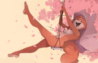 3_toes 4_fingers anthro claws clothing convenient_censorship countershade_face countershade_feet countershade_torso countershading extended_legs fangs feet female female_anthro fingers fur headdress headdress_only headgear headgear_only mostly_nude mostly_nude_anthro mostly_nude_female navel nude open_mouth open_smile petals plantar_flexion smile solo swing swinging tail teeth toe_claws toes tongue wimple edtropolis disney robin_hood_(disney) maid_marian canid canine fox mammal 2026 hi_res signature