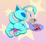 ambiguous_gender antennae_(anatomy) anthro balls blue_body butt chastity_device cutedom genitals heart_symbol lock lock_symbol male male/ambiguous red_body rubbing_penis solo tail teal_body adeviantcritter neopets aisha_(neopets) neopet_(species) shoyru pictographics