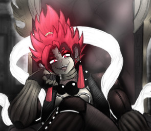 anthro chair clothed clothing crossed_legs ear_piercing ear_ring eyebrows eyeshadow female furniture grin hair jewelry makeup necklace open_mouth piercing red_eyebrows red_eyes red_hair ring_piercing sharp_teeth sitting smile solo spiky_hair teeth throne itzjaylock haplorhine mammal monkey primate hi_res
