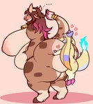 anthro belly blush blush_lines butt butt_grab clothing cowbell female hand_on_butt heart_symbol legwear male male/female overweight overweight_female size_difference squeezing thigh_highs razigator bugz_(kobold) milkymill bovid bovine cattle highland_cattle kobold mammal hi_res