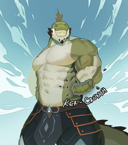 5_fingers abs anthro arm_scar armor barazoku belt big_muscles black_spikes blue_sclera chest_scar chin_spikes crush crushing_object facial_spikes fingers fist forearm_muscles fragment frill_(anatomy) green_body grin grinning_at_viewer hand_on_side head_crest head_frill jaw_spikes male muscular muscular_anthro muscular_arms muscular_male navel obliques pecs scar sharp_teeth smile smiling_at_viewer solo spiked_tail spikes spikes_(anatomy) tail tassets teeth text trapezius alexyz_kun dungeons_and_dragons hasbro wizards_of_the_coast erenok_(kilyion) lizardfolk_(dnd) lizardman scalie 2025 digital_media_(artwork) hi_res portrait three-quarter_portrait