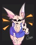 anthro big_breasts black_eyes black_sclera blue_clothing blue_dress breasts brown_body brown_fur cheek_tuft clothing dress facial_tuft female fur gesture hand_gesture huge_breasts inner_ear_fluff pointing pointing_at_viewer solo tuft chuyy aggretsuko sanrio fenneko canid canine fennec_fox fox mammal true_fox 2024 4:5 digital_media_(artwork) hi_res pixel_(artwork) signature