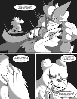 angry anthro attack battle blood blood_from_eye bodily_fluids cape claws clothing dark_legs dialogue duo female holding_face kneeling speed_lines text wound_on_face wounded spicykiwi nintendo pokemon tulip_(spicykiwi) generation_2_pokemon generation_9_pokemon meowscarada pokemon_(species) ursaring absurd_res comic english_text hi_res monochrome story