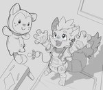 anthro blue_eyes clothed clothing diaper diaper_under_clothing grey_background male open_mouth overalls pacifier pacifier_clip pawpads playful playing plushie raised_arms shirt shortalls simple_background smile solo standing toddler topwear wearing_diaper young young_anthro young_male bubblepuppers mammal hi_res monochrome sketch