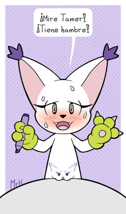 anthro blush bodily_fluids body_writing claws clothing dialogue eyelashes female fur genitals gloves grinding handwear looking_at_viewer nude open_mouth smile solo sweat sweatdrop table_humping tail text vulva white_body white_fur mr_harinezumi bandai_namco digimon pussy-cat_(meme) bianc_(el_senor_erizo) digimon_(species) felid feline gatomon human mammal absurd_res hi_res meme spanish_text translated