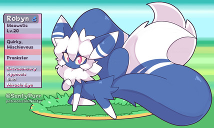 blue_body blue_fur chest_tuft dipstick_ears dipstick_tail ear_markings feral fur gloves_(marking) leg_markings looking_at_viewer male markings multicolored_ears red_eyes socks_(marking) solo tail tail_markings text tuft white_body white_fur white_tail_tip sentypurr nintendo pokemon robyn_(sentypurr) generation_6_pokemon meowstic pokemon_(species) digital_drawing_(artwork) digital_media_(artwork) english_description english_text hi_res