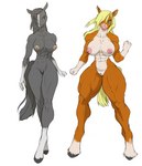 abs anthro areola big_breasts biped blonde_hair blue_eyes breasts countershading duo female genitals gloves_(marking) hair markings muscular muscular_anthro muscular_female nipples nude pussy simple_background white_background wide_hips audunor equid equine horse mammal 2019 digital_media_(artwork) hi_res