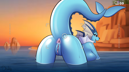 all_fours anthro anthrofied anus big_breasts blue_body blue_tail breasts butt camera_hud camera_view dripping_wet female genitals looking_at_viewer looking_back looking_back_at_viewer nude open_mouth outside partially_submerged pokemorph presenting presenting_hindquarters raised_tail solo tail vulva water y_anus conditional_dnp drako1997 nintendo pokemon eeveelution generation_1_pokemon pokemon_(species) vaporeon 2022 digital_media_(artwork) signature