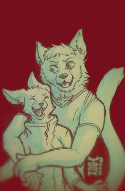 anthro anthro_on_anthro cheek_tuft chest_tuft clothed clothing duo eyes_closed facial_tuft fangs female hair hug hugging_another hugging_from_behind male male/female neck_tuft open_mouth open_smile red_background shirt short_hair simple_background smile t-shirt teeth tongue topwear tuft yookie canid canine domestic_cat felid feline felis fennec_fox fox mammal true_fox 2015 dated hi_res partially_colored signature