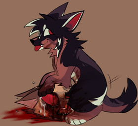 ambiguous_gender animal_genitalia animal_penis blood blood_from_mouth blood_in_mouth blood_on_face blood_stain bodily_fluids brown_body brown_fur canine_genitalia canine_penis coontail_hair cum cum_drip death dripping eye_socket eyefuck feral fur genital_fluids genitals gore gore_focus holding_head male male/ambiguous motion_lines multicolored_body multicolored_fur necrophilia paws penis raccoon_tail_hair red_penis severed_body_part severed_head smile teeth wastepaw jasper_(wastepaw) arthropod canid canine canis coydog coyote domestic_dog fly_(animal) herding_dog hybrid insect larva maggot malinois_dog mammal pastoral_dog sheepdog 2026