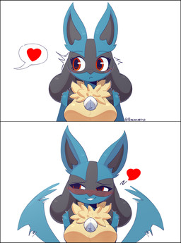 anthro anthrofied black_border blue_body blue_fur blush border breasts chest_spike featureless_breasts female fur heart_symbol looking_aside medium_breasts pokemorph red_eyes shy simple_background smile solo speech_bubble spikes spikes_(anatomy) tail tail_motion tailwag text white_background yellow_body perezstart53 nintendo pokemon generation_4_pokemon lucario pokemon_(species) absurd_res artist_name comic hi_res pictographics
