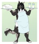 anthro apron baby_bottle black_hair brown_body brown_fur clean_diaper clothed clothing diaper folded_diaper fur green_background hair male simple_background smile smirk solo standing wearing_diaper white_background white_body white_fur slusheep domestic_cat felid feline felis mammal hi_res