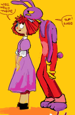 accessory alternative_fashion anthro black_eyes blue_clothing blue_dress bow_ribbon button_(fastener) clothing doll dress duo eyelashes female fur greeting hair hair_accessory hair_bow hair_ribbon j-fashion lolita_(fashion) long_ears male purple_body purple_ears purple_fur purple_tail rag_doll_(toy) red_hair red_nose ribbons scut_tail short_hair short_tail simple_background speech_bubble sweet_lolita tail tan_body teeth text yellow_background yellow_sclera yellow_teeth light-koe-pinsky glitch_productions the_amazing_digital_circus jax_(tadc) ragatha_(tadc) animate_inanimate lagomorph leporid living_doll living_toy mammal rabbit english_text