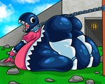 all_fours ambiguous_gender belly big_belly big_butt biped black_eyes blue_body bottomless bound building butt chain chained clothed clothing cloud collar fangs female footwear glistening glistening_body glistening_butt gloves grass handwear huge_belly hyper hyper_belly legwear looking_back monotone_body not_furry outside plant rear_view rock sky socks solo spiked_collar spikes star teeth thick_thighs thigh_highs three-quarter_view topwear wide_hips pompuffy_(artist) mario_bros nintendo chain_chomp humanoid 2023 absurd_res digital_drawing_(artwork) digital_media_(artwork) hi_res