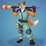 anthro blue_background bottomwear clothing fur gradient_background holding_object holding_weapon looking_at_viewer male plantigrade simple_background smile solo topwear weapon donttouchmylasagna epic_games fortnite fennix_(fortnite) canid canine fox mammal red_fox true_fox 2023 digital_media_(artwork) hi_res