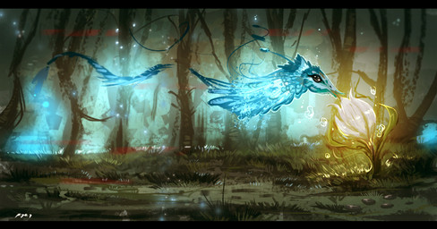 ambiguous_gender black_bars detailed_background feral flower forest grass outside plant solo tree ryky unknown_species 2015 digital_media_(artwork)