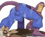 anthro anus barefoot biped bracelet bulge butt clothing cute_fangs duo feet jewelry looking_back male nude open_mouth open_smile purple_body purple_tail raised_tail rear_view simple_background smile tail tail_anus white_background meatshaq dragon_ball dragon_ball_super beerus tre badger domestic_cat felid feline felis mammal mustelid musteline absurd_res hi_res