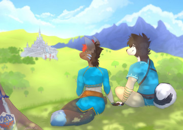 anthro black_hair castle clothed clothing cloud cosplay day detailed_background dipstick_tail duo female fingerless_gloves fingers fur gloves grass grey_body grey_fur hair handwear male markings master_sword melee_weapon mountain multicolored_tail outside plant rear_view shield shirt sitting sky smile sword tail tail_markings topwear tunic weapon senimasan breath_of_the_wild nintendo the_legend_of_zelda link princess_zelda canid canine canis domestic_dog husky mammal nordic_sled_dog spitz 2017 digital_media_(artwork)