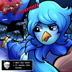 anthro asian_clothing blue_body blue_feathers blue_hair butt clothed clothing duo east_asian_clothing extreme_size_difference feathers female female/female fur hair macro micro orange_hair size_difference solo text wings nauartn undertale undertale_(series) undertale_yellow ceroba_ketsukane martlet_(undertale_yellow) avian bird canid canine fox humanoid mammal 1:1 absurd_res english_text hi_res