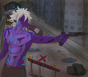 abs anthro blood blue_markings bodily_fluids building car city city_background clothing gun hair male markings nipples pecs purple_body ranged_weapon shirtless solo vehicle weapon white_hair wounded nuttygoat mythology grydir_dacanoor_(griffonki) dragon mythological_creature mythological_scalie scalie hi_res