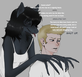 annoyed anthro bedroom_eyes black_eyebrows black_fingernails black_hair black_nails blonde_eyebrows blonde_hair blue_eyes breasts cleavage clothed clothed_anthro clothed_female clothed_human clothed_male clothing color_coded_text colored_nails dark_body dark_fur dialogue duo explicit_text eyebrows female female_anthro female_on_human fingernails fingers fur green_eyes grey_background grey_body grey_eyes grey_fur hair hands_on_shoulders human_on_anthro humanoid_hands interspecies iris light_body light_skin long_ears long_fingernails long_fingers looking_at_another looking_at_partner male male/female male_human male_on_anthro medium_breasts medium_hair monotone_body monotone_clothing monotone_fur monotone_hair monotone_shirt monotone_skin monotone_tank_top monotone_topwear nails narrowed_eyes off_shoulder open_mouth open_smile profanity pupils purple_tongue seductive sexual_harassment shirt short_hair simple_background smile talking_to_another talking_to_partner tank_top teeth text three-quarter_view tongue tongue_out topwear white_clothing white_sclera white_shirt white_tank_top white_text white_topwear unknown_artist this_guy_fucks_me_raw leo_(napalm_express) missy_(napalm_express) human mammal monster wolficus colored digital_drawing_(artwork) digital_media_(artwork) english_text hi_res