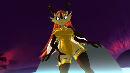 4_arms antennae_(anatomy) anthro bath breasts eyebrows eyelashes featureless_breasts featureless_crotch female fingers hair membrane_(anatomy) membranous_wings multi_arm multi_limb night nude orange_hair outside solo standing water wings yellow_body telleryspyro heralds_of_the_avirentes the_beexen's_tale beexen arthropod bee hymenopteran insect 2025