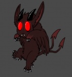 ambiguous_gender baby big_eyes brown_body brown_fur claws fangs feathered_wings feathers forked_tail fur horn red_eyes solo spade_tail tail teeth toe_claws unusual_anatomy unusual_tail wings young vonderdevil mothman avian cryptid demon hybrid jersey_devil monster unknown_species low_res