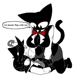 accessory anthro barefoot big_breasts black_clothing black_topwear black_vest bodily_fluids bottomwear breasts cheek_tuft cleavage clothed clothing collared_shirt dress_shirt duo facial_tuft feet female fingers grey_bottomwear grey_clothing grey_pants grey_skirt long_sleeves lying male male/female necktie pants pupils red_necktie safety_pin_in_ear shirt simple_background skirt spiral spiral_eyes straddling straddling_lap sweat text topwear tuft uniform vest white_background white_clothing white_shirt white_topwear white_undershirt sabgong vincent_(sabgong) vingo_(sabgong) domestic_cat felid feline felis lagomorph leporid mammal rabbit english_text