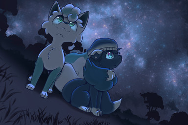ambiguous_gender beanie chest_tuft clothing dipstick_tail feral freckles fur gloves_(marking) grass green_body green_eyes green_fur grey_body grey_fur hat headgear headwear markings night outside plant sitting sky smile standing star stargazing starry_sky tail tail_markings tree tuft coffeefly nintendo pokemon juniper_(coffeefly) mint_(coffeefly) alolan_form alolan_vulpix generation_5_pokemon generation_7_pokemon pokemon_(species) regional_form_(pokemon) zorua hi_res shaded