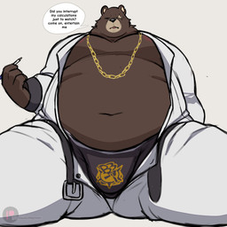 anthro belly big_belly bottomwear brown_body bulge cigarette clothed clothing dialogue humanoid_hands male moobs navel open_clothing open_shirt open_topwear overweight overweight_male pants scar shirt simple_background sitting solo text topwear underwear shyybuchi mihoyo zenless_zone_zero ben_bigger bear mammal 1:1 2023 english_text hi_res