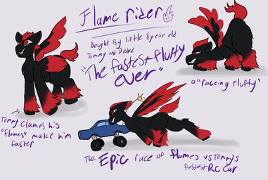 ambiguous_feral ambiguous_gender black_body black_fur buckteeth feral fur gloves_(marking) leg_markings markings purple_text quadruped red_eyes red_tail red_wings simple_background smile socks_(marking) solo spread_wings standing tail teeth text toy_car white_background wings young young_ambiguous young_feral julie_(artist) fluffy_pony fluffy_pony_(species) mammal 2023 digital_media_(artwork) english_description english_text