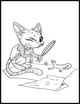 3_toes ambiguous_gender barefoot big_pupils bottomwear clothing crouching duo facial_markings feet female feral fur head_markings holding_object jersey long_tail looking_at_another magnifying_glass markings one_eye_closed pawpads pupils shirt shorts simple_background spots spotted_body spotted_fur striped_markings stripes tail toes topwear young ruffu pepper_in_the_sandbox pepper_(ruffu) felid feline lizard mammal reptile scalie serval digital_drawing_(artwork) digital_media_(artwork) low_res monochrome sketch