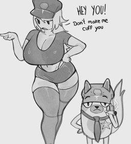 anthro big_breasts bottomwear breasts cigarette cleavage clothed clothed_female clothed_human clothing crop_top curvy_figure duo facial_markings female female_anthro female_human fingers front_view gesture hair hand_gesture hand_on_hip head_markings holding_cigarette holding_object huge_breasts legwear markings midriff muzzle_(marking) navel necktie open_mouth pointing police police_hat sheriff_badge sheriff_star shirt simple_background skirt smoke tail text thigh_highs thong_straps topwear samma adventure_time cartoon_network fionna_and_cake fionna_and_cake_(franchise) cake_the_cat fionna_the_human domestic_cat felid feline felis human mammal 2025 digital_drawing_(artwork) digital_media_(artwork) english_text hi_res monochrome