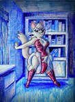 anthro cat_costume clothed clothing costume diaper diaper_fetish diaper_under_clothing female fur looking_at_viewer night pink_body pink_fur red_clothing red_suit solo suit wearing_diaper pervnamedregazz bagi_the_monster_of_mighty_nature osamu_tezuka bagi felid feline mammal hi_res traditional_media_(artwork)