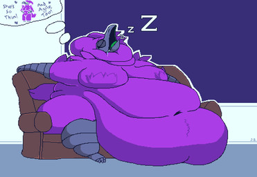 anthro back_rolls beak belly belly_on_ground belly_overhang belly_rolls big_belly big_breasts bodily_fluids breasts dream drooling eyes_closed fat_rolls feathers female furniture huge_belly hyper hyper_belly inside morbidly_obese morbidly_obese_anthro morbidly_obese_female naturally_censored navel neck_rolls nude obese obese_anthro obese_female on_sofa open_beak open_mouth overweight overweight_anthro overweight_female purple_body purple_feathers saliva sitting sitting_on_sofa sleeping sofa solo sound_effects tail text thought_bubble three-quarter_view vowelless vowelless_sound_effect wide_hips zzz jellybru bre_mageus alien avian bird 2024 digital_media_(artwork) english_text hi_res pixel_(artwork) signature