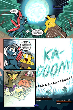 4_panel_comic aaaaa ambiguous_gender battle biped black_cape black_clothing black_nose black_text blast blue_body brown_body brown_eyes brown_hair cape cheek_spots chest_gem claws clenched_teeth clothing dialogue dot_pupils ellipsis exclamation_point explosion eye_patch eyebrows eyelashes eyewear feral finger_claws fluffy fluffy_tail forehead_gem fur gameplay_mechanics gem group gui hair hat headgear headwear health_bar holding_object moon moonblast motion_lines mouth_closed multi_tail neck_tuft one_eye_obstructed open_mouth outside page_number paws plant pupils purple_scarf quadruped red_cheeks red_tail running_away scared scarf sound_effects speech_bubble standing tail teeth text toe_claws toony translucent translucent_hair tree tuft white_pupils white_sclera yellow_body yellow_gem virmir nintendo pokemon pokemon_mystery_dungeon spike_chunsoft medik_jackal sierra_(virmir) twobyfour_(virmir) virmir_(character) zinc_(zincxiron) axew drowzee eevee generation_1_pokemon generation_2_pokemon generation_5_pokemon pichu pokemon_(species) sneasel timburr vulpix 2025 2:3 absurd_res comic english_text hi_res signature