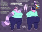 anthro big_breasts big_butt bottomwear breasts butt clothing ear_piercing ear_ring female fur hair huge_breasts huge_butt long_hair obese obese_anthro obese_female overweight overweight_anthro overweight_female pants piercing pink_hair purple_body purple_fur ring_piercing smile solo text yellow_eyes noctoon maddison_ringtail bassariscus domestic_cat felid feline felis hybrid mammal procyonid raccoon ring-tailed_cat artist_name model_sheet url trans_(lore) trans_woman_(lore)