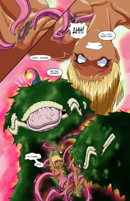 arms_above_head blep blonde_hair blue_eyes bodily_fluids clitoris dialogue duo eyeless female fur genital_fluids genitals green_body green_fur hair male male/female questionable_consent restrained restrained_arms restrained_by_tentacles size_difference smile speech_bubble sweat tan_body tentacles tongue tongue_out vaginal_fluids dr_artist miaryu_(dr_artist) tera_rollins_(dr_artist) alien human mammal absurd_res colored comic hi_res