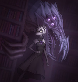 anthro book bookshelf duo female furniture glowing glowing_eyes library open_mouth size_difference tongue iziks warhammer_(franchise) bovid caprine chaos_daemon daemon_of_tzeentch goat lord_of_change mammal hi_res