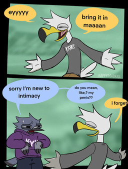 clothing dialogue feathers green_background grey_body grey_feathers half-closed_eyes hoodie humor long_sleeve_shirt narrowed_eyes nervous open_mouth open_smile simple_background smile speech_bubble text topwear white_body white_feathers happyroadkill new_york_university trash_birds vans_(brand) gilligan_gull parker_pigeon avian bird columbid gull lari larid pigeon comic comment_chain english_text hi_res lol_comments