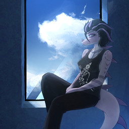 anthro arm_tattoo back_spikes black_hair black_sclera blue_eyes bottomwear breasts clothed clothed_anthro clothed_female clothing cloud day eyebrow_piercing facial_horn facial_piercing female female_anthro flesh_fang fully_clothed fully_clothed_anthro fully_clothed_female hair highlights_(coloring) horn inside looking_outside nose_horn pants piercing purple_body purple_scales scales shirt short_hair sitting sky slim snout solo spiked_tail spikes spikes_(anatomy) tail tank_top tattoo topwear window clementdiefaul cavemanon_studios volcaldera_ashfall vanette_(volcaldera_ashfall) dinosaur hybrid prehistoric_species reptile scalie 1:1 2026 colored cool_colors digital_media_(artwork) digital_painting_(artwork) hi_res painting_(artwork) shaded