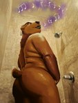 anthro bathing big_butt butt male musical_note musical_symbol shower showering singing singing_in_the_shower slightly_chubby solo symbol thick_thighs washcloth wet karikore benny_(bennyafterdark) bear mammal 3:4 absurd_res draw_over hi_res