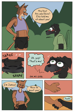 anthro blush bodily_fluids bottomwear clothing crop_top dialogue duo gesture handshake male nervous outside shaking_head shirt shorts speech_bubble sweat text topwear demilittleguy dave_(demilittleguy) james_(demilittleguy) canid canine canis domestic_cat domestic_dog felid feline felis mammal comic english_text hi_res