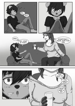 anthro beverage blush breasts clothed clothing container cup dialogue duo erection erection_under_clothing female furniture holding_object male nipple_outline nipples open_mouth sofa speech_bubble staring_at_chest text unwanted_erection young gogogrey blizzard_entertainment warcraft pacchi ailurid bear mammal pandaren red_panda comic english_text hi_res