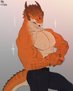 anthro barazoku belt biceps black_bottomwear black_clothing black_pants bottomwear brown_spikes cheek_spikes chin_spikes clothing facial_spikes green_eyes grey_background hand_on_hand head_horn head_spikes horn looking_at_viewer male muscular muscular_anthro muscular_arms muscular_male nose_spike orange_body orange_scales overbite pants pecs scales simple_background solo sparkles spikes spikes_(anatomy) tail tail_ridge teeth_showing vein veiny_muscles raz_wulf mythology unnamed_character dragon mythological_creature mythological_scalie scalie wingless_dragon 2025 4:5 dated digital_media_(artwork) hi_res portrait signature three-quarter_portrait
