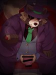 anthro balls belly big_belly brown_body clothing genitals hat headgear headwear humanoid_hands kemono male necktie one_eye_closed overweight overweight_male penis scar sitting smoking solo suit hisashiyo_0705 canid canine mammal raccoon_dog tanuki 2022 3:4 censored hi_res